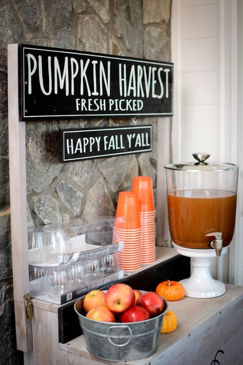 Kara's Party Ideas Backyard Fall Festival Party | Kara's Party Ideas Backyard Fall Festival, Fall Festival Activities, Fall Festival Party, Fall Party Ideas, Beverage Table, Fall Festival Decorations, Harvest Festival Decorations, Big 30, Fall Backyard