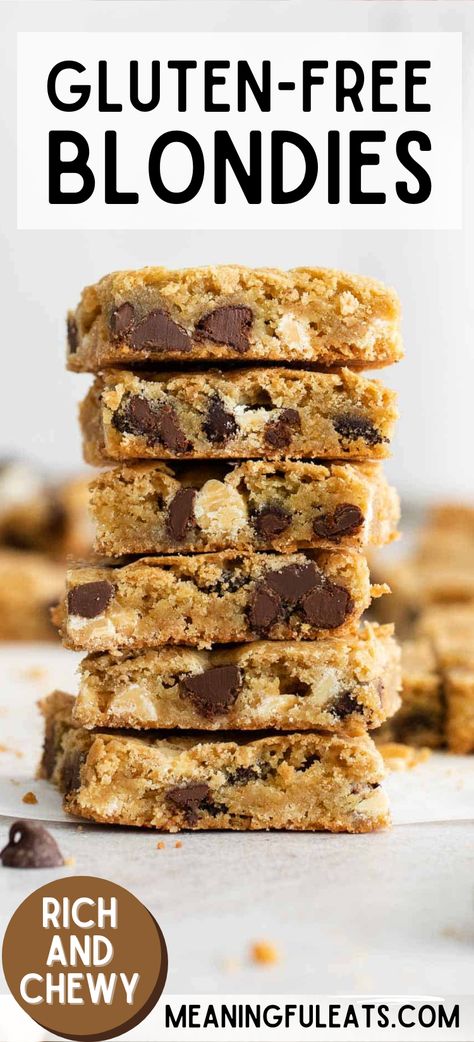 Six blondies stacked on top of each other with chocolate chips and white chocolate chips baked throughout each one Gf Blondies Recipe, Gluten Free Blonde Brownies, Gluten Free Brookies Recipe, Gluten Free Blondies Recipe, Gf Blondies, Homemade Blondies, Gf Bars, Gluten Free Blondies, Get Thee Behind Me