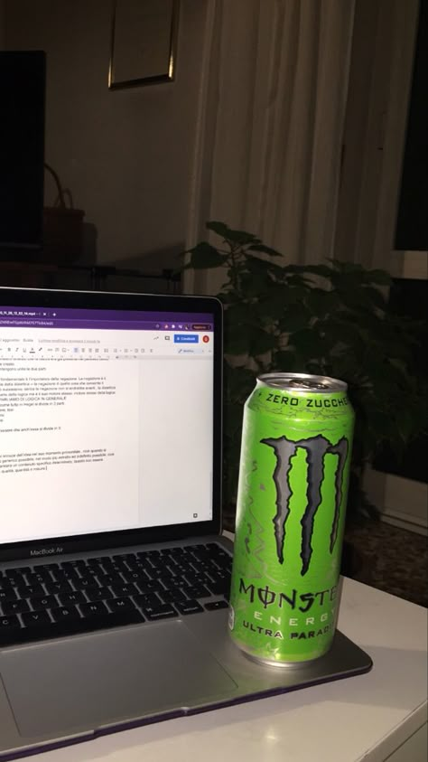 Monster Aesthetic Laptop Study Drinking Monster Aesthetic, Monster Drink Aesthetic, Monster Aesthetic, Monster Drink, Calories Food, Swag Era, Aesthetic Writing, Aesthetic Laptop, Monster Energy Drink