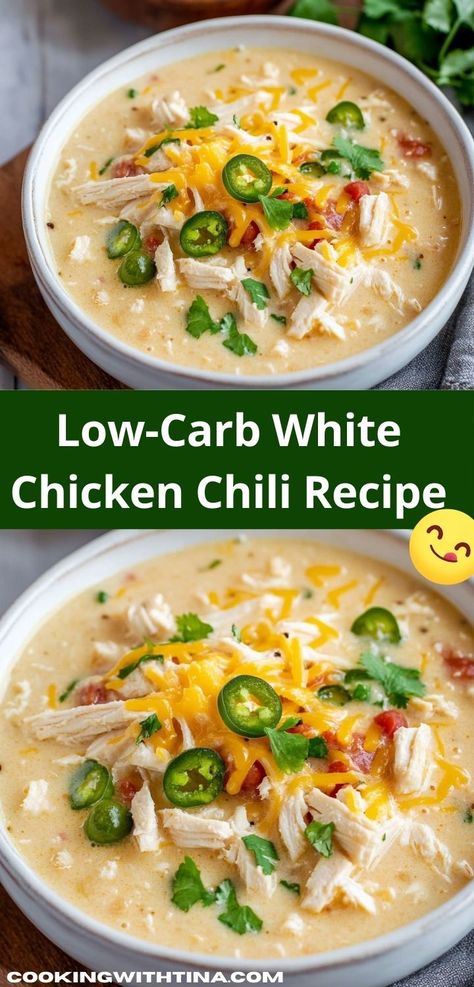 Discover an easy soup recipe that warms the soul! This Low-Carb White Chicken Chili is full of robust flavors and simple ingredients, making it a fantastic choice for quick family dinners or meal prep for the week ahead. Low Carb Quick Meals Easy Dinners, Keto Creamy Chicken Enchilada Soup, Keto Soup Easy, Keto White Chicken Chili Recipes, Low Cal Chicken Chili, Healthy Soup Low Carb, Low Carb Chilli Recipes, Low Carb Chowder Recipes, Crockpot Keto White Chicken Chili