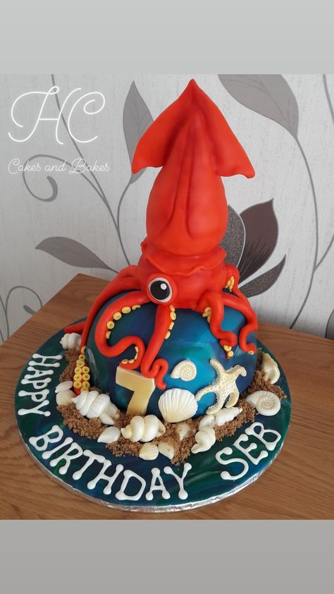 Giant squid cake for my marine animal obsessed nephew! 🦑🐚🎂 Giant Squid Birthday Cake, Squid Birthday Cake, Squid Birthday Party, Squid Cake, Sea Animals Party, Underwater Cake, Hotel Transylvania Party, Colossal Squid, Ocean Birthday Party