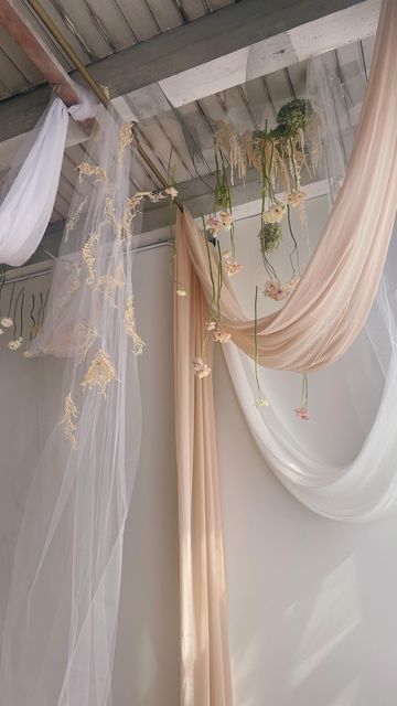 Chiffon Wall Draping, Draped Fabric On Wall, Fabric Draping Photoshoot, Wall Drapes Bedroom, Fabric Hanging From Ceiling, Hanging Fabric From Ceiling, Fabric From Ceiling, Fabric Installation Art, Fabric Draping Wedding