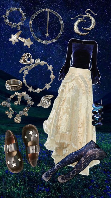 #witch #star #staryoutfit #witchyoutfit #witchy #stargirl #outfitideas #outfitinspo Star Witch Aesthetic Outfit, Celestial Bodies Outfit, Cosmic Witch Aesthetic Outfit, Cosmic Witch Outfit, Blue Celestial Outfit, Star Witch, Cosmic Witch, Star Girl, Skirt Outfits