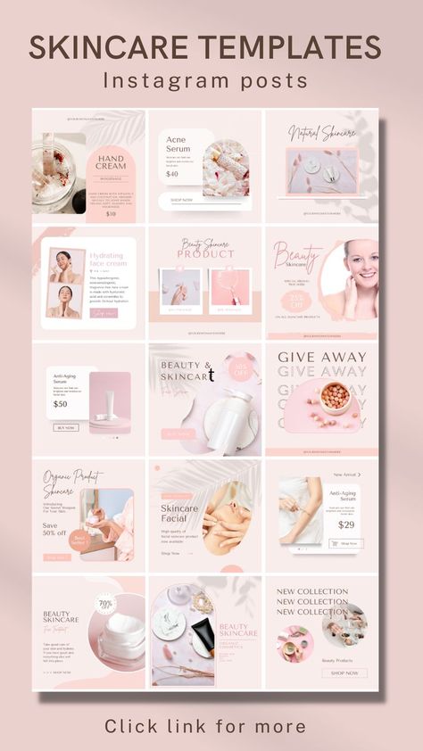 This is the new Beauty Skincare Templates, made and fully editable with Canva. In this interface you can work with the design in a simple way, editing all the elements you want and adjusting it to your needs. Ideal to promote and boost your Social Media. Skincare Business Plan, Beauty Post Ideas, Instagram Feed Theme Layout, Skincare Template, Beauty Template, Skincare Business, Instagram Skincare, Instagram Branding Design, Instagram Feed Planner