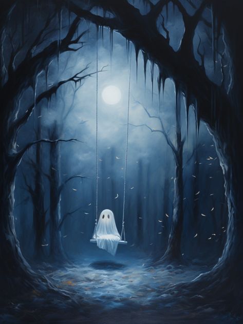 An oil painting of a cute little ghost on a swing at full moon. Cute Ghost Painting Ideas, Halloween Artwork Drawing, Ghost Art Aesthetic, Ghost Swinging, Ghost Wallpaper Cute, Halloween Vintage Art, Cute Spooky Art, Cute Ghost Wallpaper, Halloween Backgrounds Wallpapers