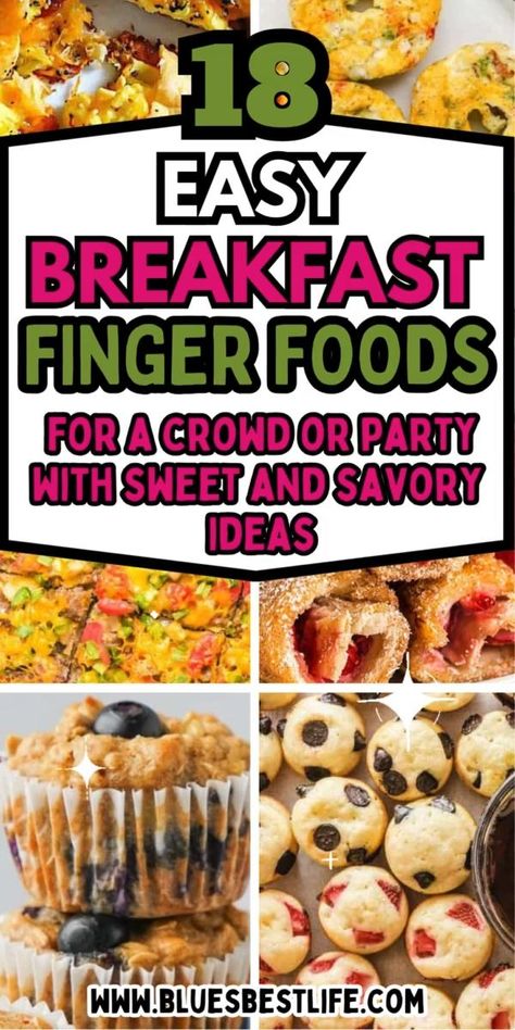 A collection of sweet and savory breakfast finger foods for a crowd or party. Simple Breakfast Potluck Ideas, Breakfast Resident Events, Breakfast For Friends Ideas, Breakfast Food Bar For Parties, Easy Grab N Go Breakfast, Bus Quick Recipes, Easy Breakfast Foods For A Crowd, Easy Breakfast Snack Ideas, Quick Breakfast Ideas For A Crowd