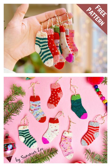 Tiny Tree Socks Free Knitting Pattern Christmas Decor Knitting Patterns, Xmas Socks Diy, Quick Christmas Knits, Free Christmas Tree Knitting Patterns, Diy Christmas Socks Decoration, Easy Christmas Knitting Projects, Christmas Knitted Decorations, Knitted Christmas Socks, Mini Knitting Projects