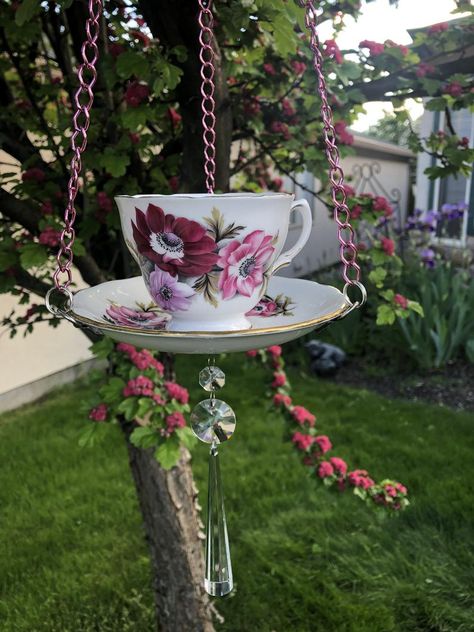 Teacup bird feeder garden art yard decoration bird | Etsy Garden Hooks, Faux Candles, Tea Cup Bird Feeder, Garden Birthday, China Cups, Hanging Garden, Outdoor Gift, Hanging Planter, Tea Cups Vintage