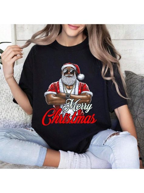 Santa Shirt, Christmas Shirt, African  Santa Sweatshirt,  Santa Holiday Shirt, Cute Santa Shirt Black Casual   Knitted Fabric Cartoon,Christmas,Letter,Random Print  Slight Stretch Spring/Summer/Fall Women Clothing, size features are:Bust: ,Length: ,Sleeve Length: New Egypt, Santa Sweatshirt, Santa Shirt, Christmas Letter, Cute Santa, Holiday Shirt, Cartoon Christmas, Holiday Shirts, Have A Nice Day