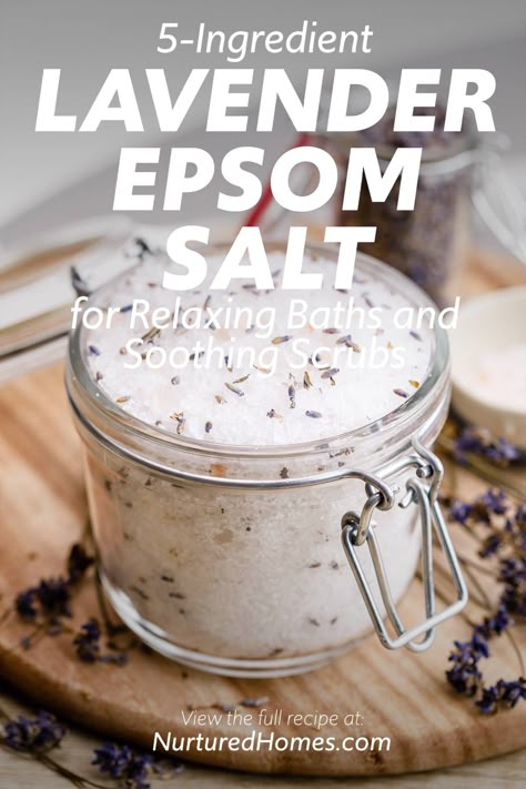 Lavender Salt Scrub, Lavender Epsom Salt Bath Diy, Diy Epsom Salt Soak, Epson Salt Scrub Recipes, Epsom Salt Scrub Diy, Diy Epsom Salt Scrub, Dried Lavender Uses, Epsom Salt Scrub Recipe, Epsom Salt Bath Recipe