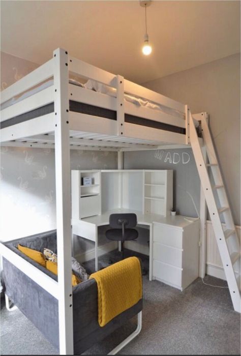 Bed With Couch Underneath, Loft Bed With Couch, Bed With Couch, Loft Bed Ideas For Small Rooms, Double Loft Beds, Loft Beds For Small Rooms, A Loft Bed, Loft Bed Plans, Beds For Small Rooms