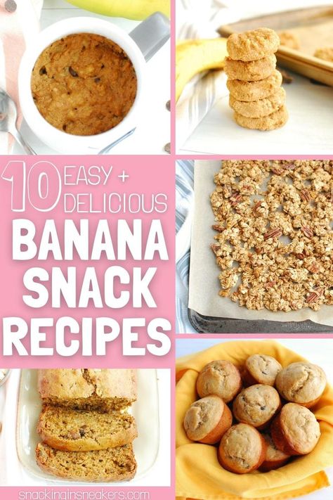 A collage of several healthy banana snack recipes including mug cake, granola, muffins, and banana bread. Banana Snack Recipes, Snacks With Bananas, Banana Snack Ideas, Matcha Banana Bread, Healthy Banana Recipes, Banana Recipes Easy, Banana Granola, Banana Snacks, Banana Treats