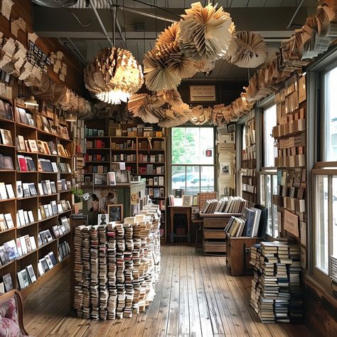 Cozy Bookstore Nook: A charming bookstore filled with towering stacks of books and whimsical paper decorations adorning the space. #bookstore #books #reading #literature #cozy #aiart #aiphoto #stockcake ⬇️ Download and 📝 Prompt 👉 https://ayr.app/l/rVAK Witchy Bookstore Aesthetic, Magical Bookstore Aesthetic, Bookshop Interior Design, Bookshop Coffee Shop, Small Bookstore Interior, Book Shop Interior, Moody Bookstore, Whimsical Bookstore, Book Shop Cafe