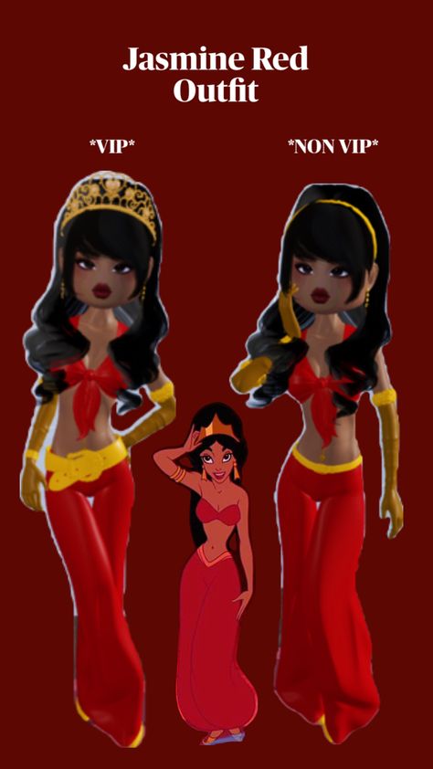 Dress to impress princess jasmine red outfit Jasmine Dress To Impress, Princess Jasmine Red Outfit, Red Princess Jasmine, Red Dress To Impress Outfit, Jasmine Red Outfit, Red Dress To Impress, Dress To Impress Princess, Hack Dress, Red Jasmine