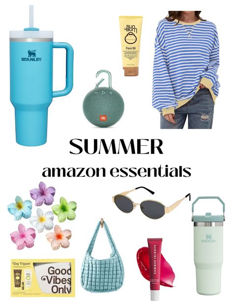 stanley quench tumbler, JBL mini clip on speaker, sun bum sunscreen, free people amazon dupe sweater, flower hair clips, retro sunglasses, free people dupe bag, summer fridays lip balm, stanley mini quencher, sun bum suncreen set Sun Bum Sunscreen, Summer Fridays Lip Balm, Summer Fridays Lip, Blue Outfits, Sun Bum, Bag Summer, Amazon Essentials, Summer Fridays, Summer 24