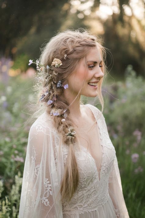 Embrace your inner goddess with this ethereal Boho wedding hairstyle that whispers romance and bohemian charm. Soft waves cascade down, gently adorned with delicate floral accents, creating a perfectly carefree look for any outdoor celebration. This hairstyle embodies the essence of effortless elegance, allowing you to feel both beautiful and authentic on your special day. Explore the beauty of Boho-inspired wedding hairstyles that capture your unique spirit! #weddinghairstyles Fairy Wedding Hairstyles, 70s Wedding Hair, Floral Wedding Hairstyles, Wildflower Wedding Hair, Fairytale Wedding Hair, Wedding Hair With Bangs, Fairy Wedding Hair, Ethereal Wedding Hair, Ethereal Hairstyles