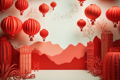 Background For Dance, Chinese New Year Photo Booth, Chinese Backdrop, Chinese New Year Backdrop, New Year Backdrop, Dance Background, Red Lanterns, Chinese Dance, New Year Art