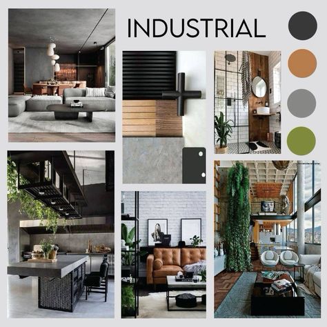 Modern Luxury Interior Design Mood Board, Color Palette Industrial, Industrial Mood Board Interior Design, Industrial Moodboard, Industrial Apartment Decor, Materials Board Interior Design, Home Studio Ideas, Industrial Home Design, Moodboard Ideas