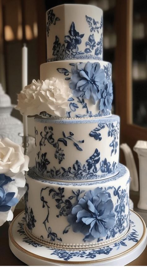 White Floral Wedding Cake, Blue And White Floral Wedding, Blue And White Wedding Cake, Blue Wedding Ideas, White Floral Wedding, Blue And White Wedding, Floral Wedding Cake, Enchanted Wedding, Wedding Cakes Blue