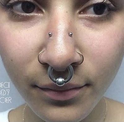 Face Piercing Jewelry, Double Septum, Crazy Piercings, 3 Lobe Piercings, Double Nostril, Double Nostril Piercing, High Nostril Piercing, Stretched Septum, Nostril Ring