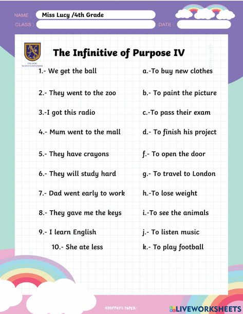 Infinitive Of Purpose, Infinitive Of Purpose Worksheets, Infinitive Verbs Worksheets, Infinitive Worksheet, Gerunds And Infinitives Rules, Indefinite Articles Activities, English Excercise, Comparative And Superlative Adverbs, Advance English