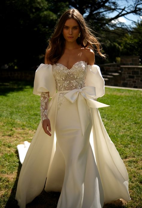 Style 1678 | Eve Of Milady Removable Puff Sleeves Wedding Dress, Wedding Dresses 80s, Gown With Detachable Train, Eve Of Milady Wedding Dresses, 2023 Wedding Dresses, Bridal Reflections, Eve Of Milady, Satin Bridal Gowns, Wedding Dress Bride