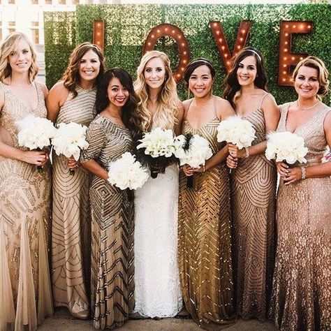 sequined cap-sleeve bridesmaid dresses / http://www.himisspuff.com/bridesmaid-dress-ideas/13/ Different Style Bridesmaid Dresses, Rose Gold Bridesmaid, Sequin Bridesmaid, Gold Bridesmaid Dresses, Sequin Bridesmaid Dresses, Gold Bridesmaids, Gatsby Wedding, Art Deco Wedding, Wedding Deco