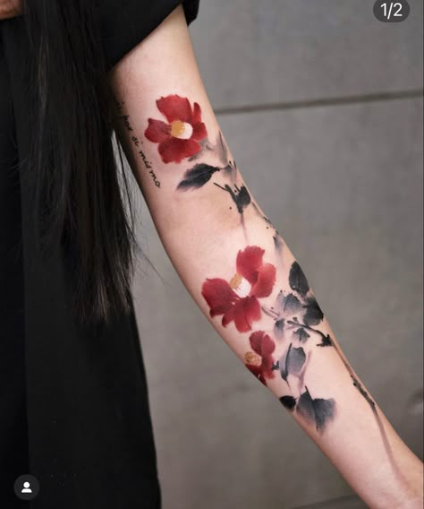 Red Ink Flower Tattoo, Ink Flower Tattoo, Zodiak Taurus, Zodiak Pisces, Tattoo Collar Bone, Zodiak Aries, Feather Tattoo Arm, Tattoo Cherry, Arm Tattoo Designs