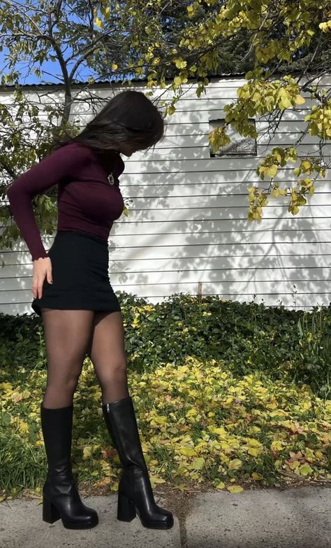 Winter Going Outfits Night Going Out, Outfits For Knee High Black Boots, Bodysuit Inspo Outfits, Rock Outfits Concert, Pencil Skirt Outfits With Boots, Cute Outfits Night Out, Black Dress With Tights Outfit, Christmas Black Skirt Outfit, Velvet Outfit Aesthetic