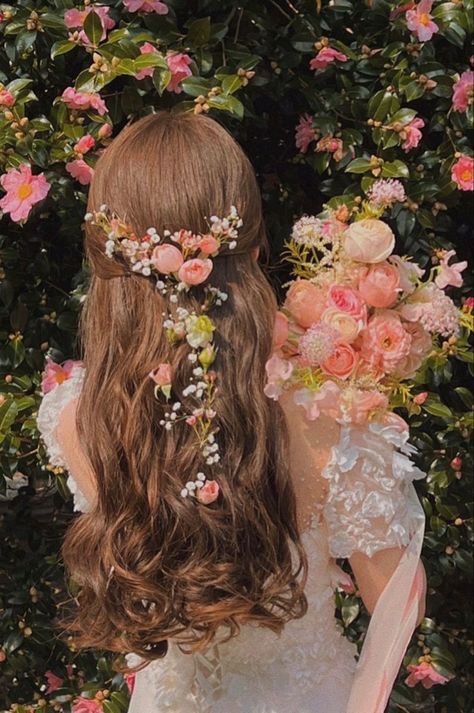 Explore board "Princess Hairstyles" on Pinterest. See more ideas about long hair styles, hair styles, hairstyle. Flowers In Hair Half Up Half Down, Hair With Flowers Aesthetic, Princess Core Hairstyles, Half Up Half Down Hair With Flowers, Enchanted Forest Hairstyles, Hair With Flowers In It, Flowers In Hair Aesthetic, Wedding Hairstyles Flowers, Hairstyle With Crown