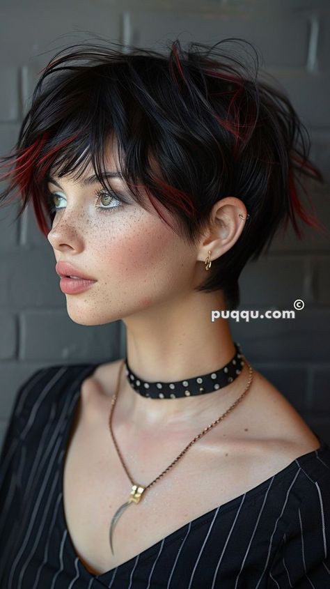 Black With Red Highlights Short, Short Hair Punk, Red Hair Black Hair, Black Roots Red Hair, Black Hair With Red, Hair With Red Highlights, Black Hair With Red Highlights, Hairstyle Highlights, Hair Black Hair