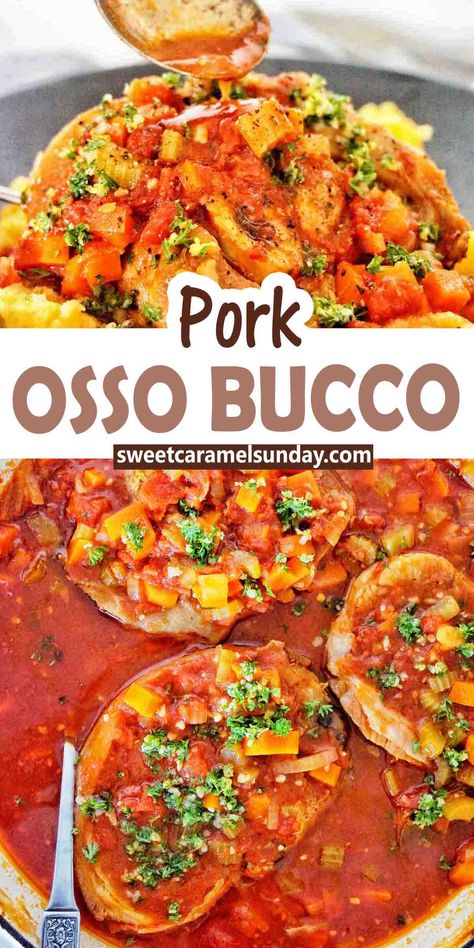 Spoon pouring sauce over pork osso bucco in white plan with large silver spoon. Text is written between 2 images. Pork Cassoulet Recipe, Pork Bones Recipe, Pulled Pork Stew, Pork Osso Bucco, Pork Osso Bucco Recipe, Pork Shanks Recipe, Osso Bucco Recipe, Pork Stew Meat, Pork Stew Recipes