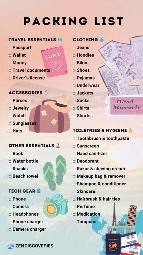 Looking for the ultimate travel packing list? Whether you're preparing for a weekend getaway or a long-term adventure, this comprehensive guide covers all the packing tips you need. From what to pack for travel to the essential items you can’t forget, we've got you covered. Discover the perfect balance of clothing, tech gear, toiletries, and accessories for any trip. Don't leave home without these travel essentials! Save this handy list for your next vacation, and pack like a pro! Stuff To Take On Vacation, Beauty Packing List, Traveling Needs Packing Lists, What To Bring For Travel, What To Bring To A Trip, Airport List Travel Tips, Items To Pack For Vacation, What To Pack For A 1 Week Trip, Packing In Backpack Travel Tips