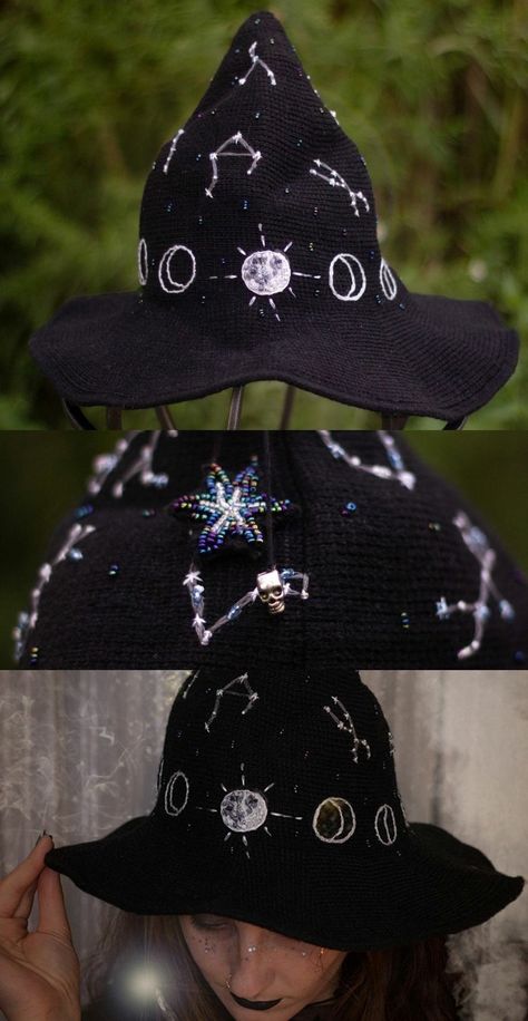 Witchy Hat Crochet Pattern, Witchy Hat Diy, Embroidered Witch Hat, Wicca Embroidery, Witchy Sewing Projects, Witch Embroidery Ideas, Embroidery Witchy, Knock Thrice, Witchy Embroidery