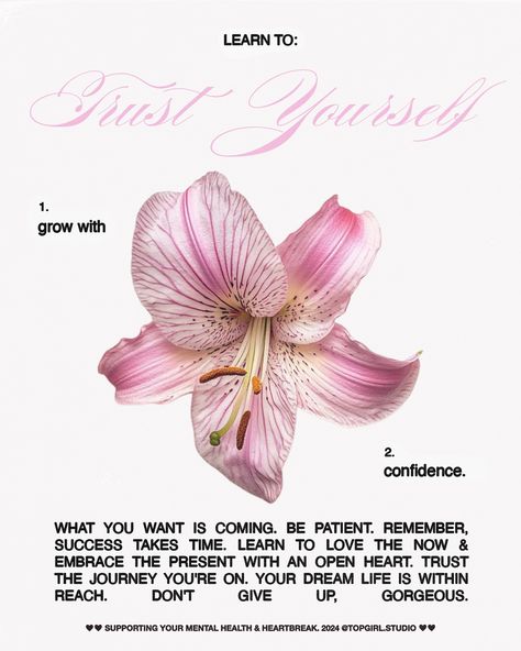 Grow with confidence, gorgeous. Be proud of how far you’ve come. 💕 2025 Vision Board Aesthetic Confidence, Quotes To Print Wall Art, Posters For Printing, Self Love Posters Aesthetic, Graphic Quotes Design, Beautiful Graphic Design, Pink And Green Quotes, Confidence Aesthetique, Flower With Quotes