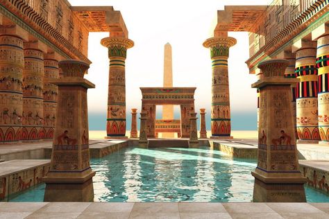 Egypt Architecture Ancient, Egyptian Palace Concept Art, Ancient Egypt Palace, Ancient Egypt House, Egyptian Concept Art, Egyptian Castle, Ancient Egyptian Palace, Ancient Egyptian House, Obelisk Egyptian