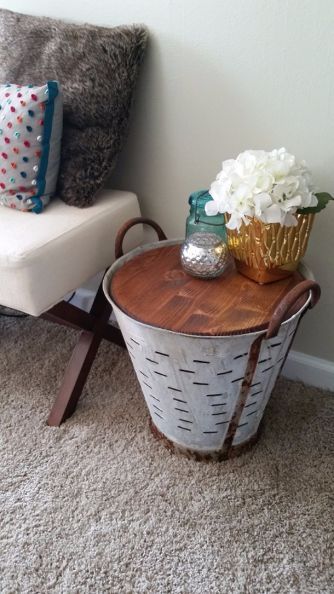 decor steals olive bucket hack, home decor Olive Bucket Decor, Bucket Decor, Antiquing Furniture Diy, Olive Bucket, Bucket Ideas, Side Table Decor, Decor Steals, Home Decor Hacks, Farmhouse Ideas