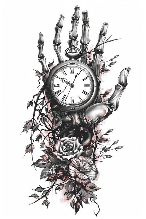 Bright Colorful Tattoos, Pretty Skull Tattoos, Heart Flower Tattoo, Pocket Watch Tattoo Design, Koi Tattoo Sleeve, Watch Tattoo Design, Skeletal Hand, Gothic Tattoos, Animal Sleeve Tattoo