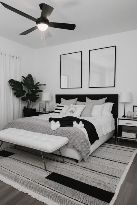 Master Bed Interior Design, Black And White Aesthetic Interiors, Black And White Bedroom Inspirations, Black And White Room Inspiration, Black And White Modern Bedroom Ideas, Bedroom Ideas White And Black, Silver Dorm Room, Black And White Bedroom Decor Ideas, Black And White Room Bedroom