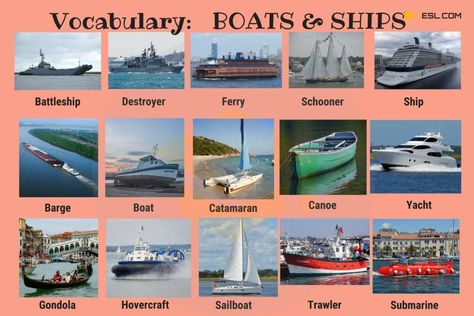 Transportation Vocabulary in English | Vehicle Names - 7 E S L Diy Study Table, Barge Boat, Water Transport, Diy Water Fountain, Floating Deck, Boat Names, Ship Names, Sailing Vessel, Water Table