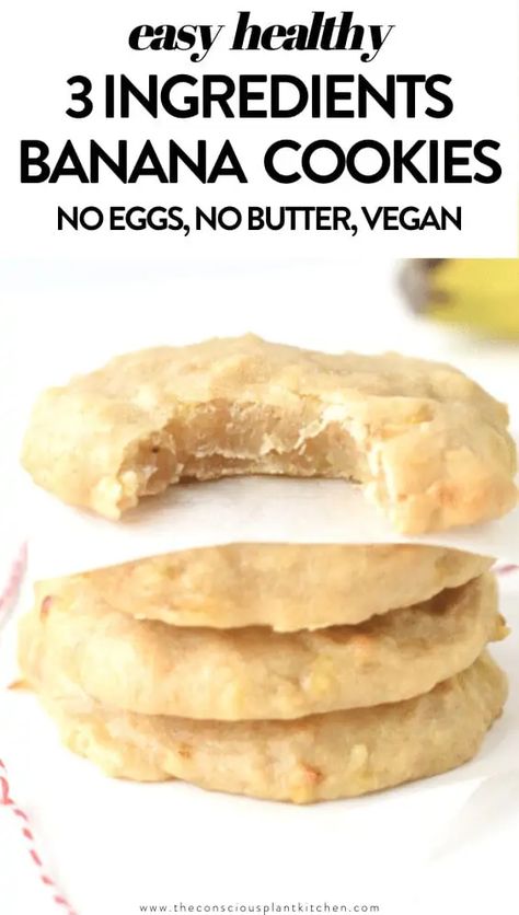 3-Ingredient Banana Cookies - Vegan #3ingredients #bananacookies #banana #cookies #vegancookies #vegan #maplesyrup #easy #bananadropcookies #drop #easy #healthy #soft #chewy Banana Egg Recipes, Breakfast With No Eggs Ideas, Egg Free Banana Recipes, Clean Eating Banana Recipes, No Egg Banana Recipes, Egg And Nut Free Recipes For Kids, Egg Free Kids Recipes, Easy Banana Recipes No Bake, Banana Sugar Cookies