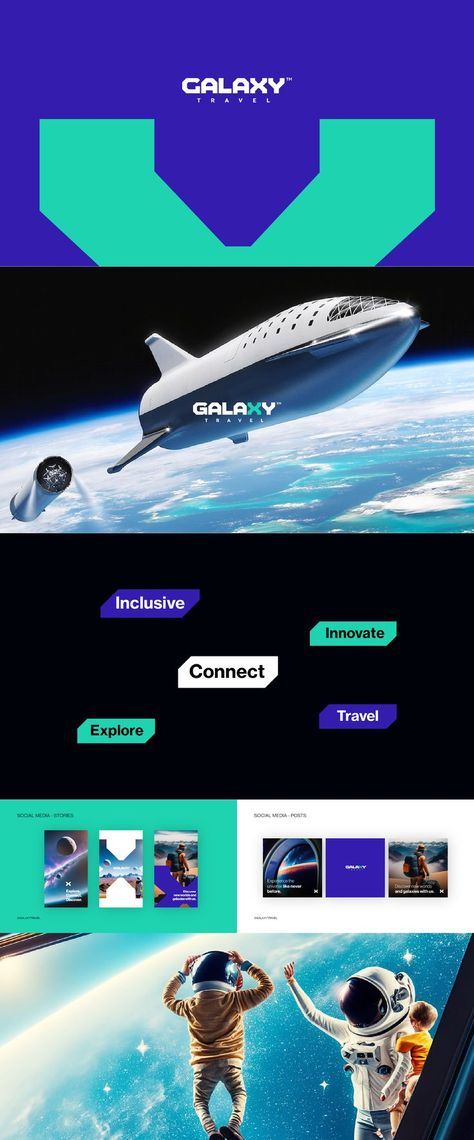 Galaxy Travel is a Space Travel agency and is a hypothetical brand. This brand identity shows how one can imagine such a brand if it was real. Travel Agency Logo, Travel Brand, Branding Logo Design, Travel Logo, Space Travel, Brand Identity Design, Graphic Design Branding, Travel Agency, Firefly