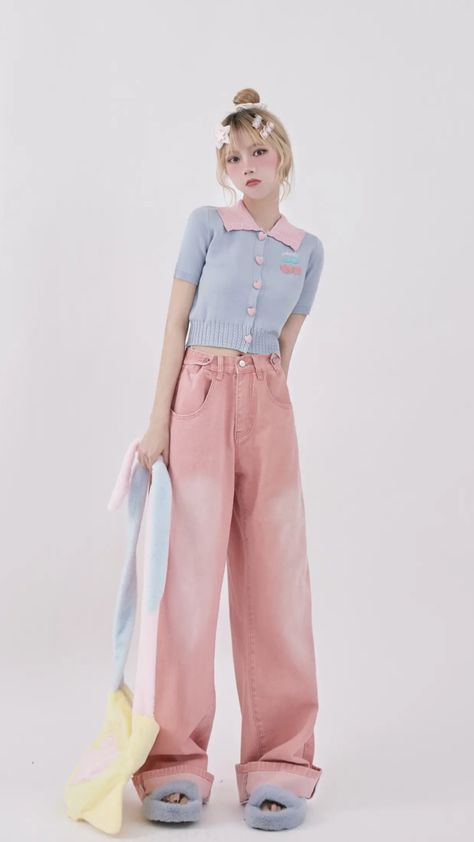 Pastel Outfit Ideas Casual, Pink And Blue Outfits, Cute Streetwear Outfits, Pastel Ootd, Korean Outfits Ideas, Blue And White Outfits, Domino's Pizza, Cute Streetwear, Sound Check