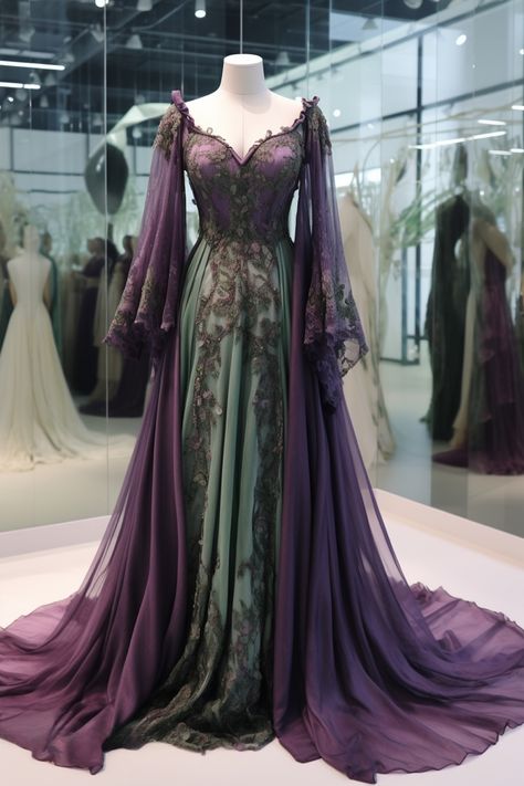 Wisteria inspired gown Witchy Wedding Dress Purple, Whimsigoth Ball Gown, Dark Purple Fairy Dress, Witch Gown Fantasy Dress, Purple And Green Wedding Dress, Dark Purple Fantasy Dress, Purple Goddess Dress, Dark Fantasy Gown, Pretty Princess Dresses