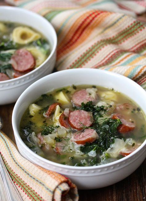 Cheese Tortellini Soup with Kielbasa, Kale, and Cannellini Tortellini Soup With Kielbasa, Soup With Cannellini Beans, Soup With Kielbasa, Cheese Tortellini Soup, Kielbasa Soup, Kale Soup Recipes, Sausage Tortellini Soup, Vegetable Soup Healthy, Tortellini Recipes