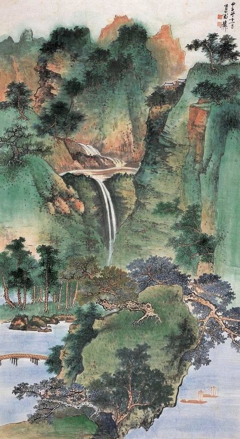 Chinese Painting Flowers, Asian Calligraphy, Summer Mountains, Japanese Pop Art, Traditional Chinese Art, Waterfall Paintings, Chinese Paintings, Chinese Landscape Painting, Chinese Art Painting