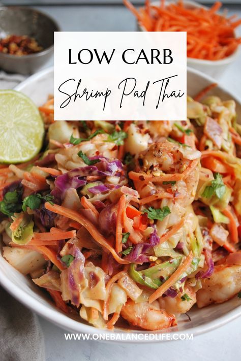 This easy Shrimp Pad Thai recipe is full of bold Asian flavors! Ready in just 20 minutes this lightened up version of the Thai classic substitutes rice noodles for extra vegetables before the whole thing is tossed together in a creamy, rich, peanut butter and lime sauce. And did I mention this low-carb Pad Thai recipe is also gluten-free and dairy free? What could be better?! Low Carb Pad Thai Recipes, Healthy Shrimp Pad Thai, Shrimp Pad Thai Recipe Healthy, Thai Prawn Recipes, Low Carb Pad Thai, Pad Thai Recipe Easy, Shrimp Pad Thai Recipe, Shrimp Rice Noodles, Vegetable Pad Thai