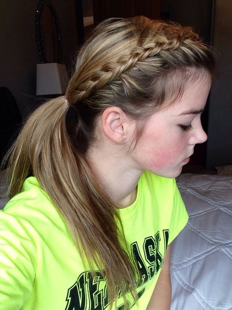 Braided ponytail Braid Into Low Ponytail Cheer, Cheer Low Ponytail, Poof Hairstyle, Accent Braid Ponytail, Braid Into Ponytail Sports, Two Braided Ponytails, French Braid Side Ponytail, Hair Poof, Cute Hairstyles Updos