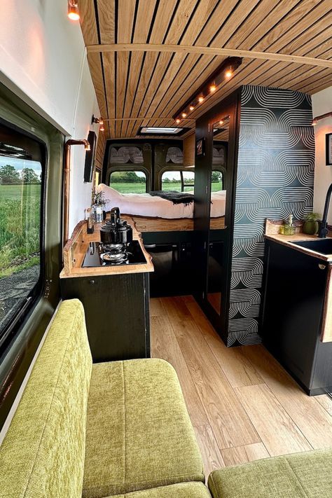 This luxury campervan’s interior design aesthetic seamlessly blends modern rustic elegance with a contemporary lodge style.   The interplay of warm wood accents paired with bold colours and modern design elements, creates a chic yet cosy home from home vibe.  The natural accents, such as the live edge upstand, copper lighting, and sleek, contemporary fixtures, make this campervan ruggedly inviting and oh-so-eminently stylish. Mercedes Sprinter Camper Van, Contemporary Lodge, Luxury Mercedes, Mercedes Sprinter Camper, Van Tour, Tiny House Camper, Corner Seating, Sprinter Camper, Campervan Life