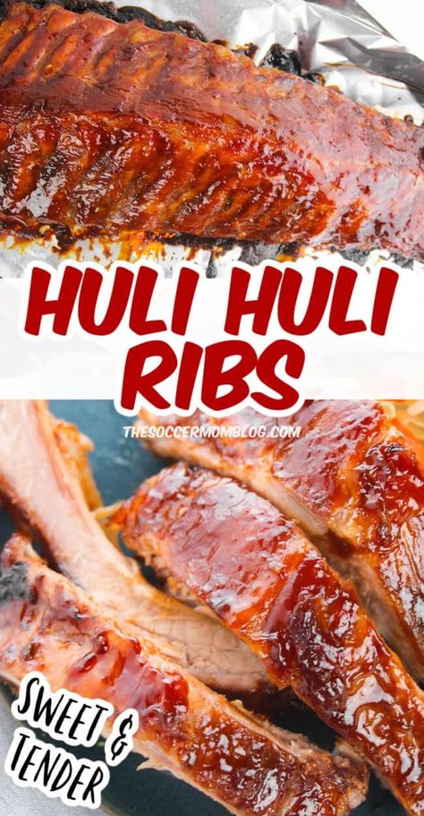 Huli Huli Ribs are a Hawaiian-style barbecue recipe where the meat is marinated, brushed with a tangy sauce and grilled until fall-off-the-bone tender. Hawaiian Pork Ribs Recipe, Bbq Grill Recipes Meat, Huli Huli Pork Ribs, Hawaiian Spare Ribs Recipe, Boneless Pork Ribs Marinade, Hawaiian Smoked Meat Recipes, Hawaiian Bbq Ribs, Hawaiian Ribs Crockpot, Pork Rib Recipes Grilled